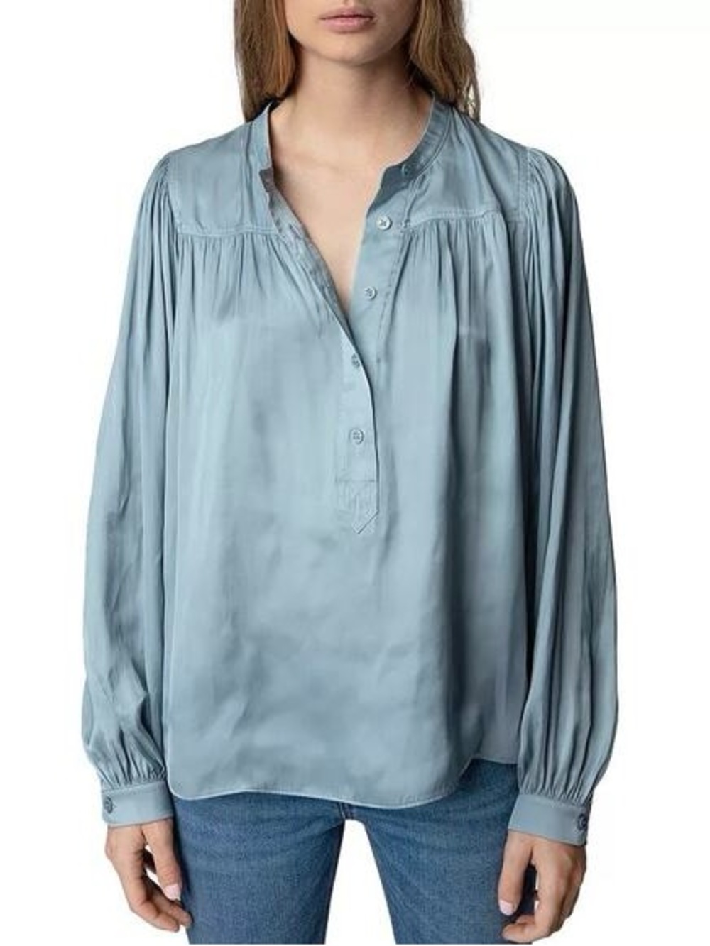 Zadig & Voltaire Blue Tigy Long-Sleeve Satin Pleated V-Neck Blouse